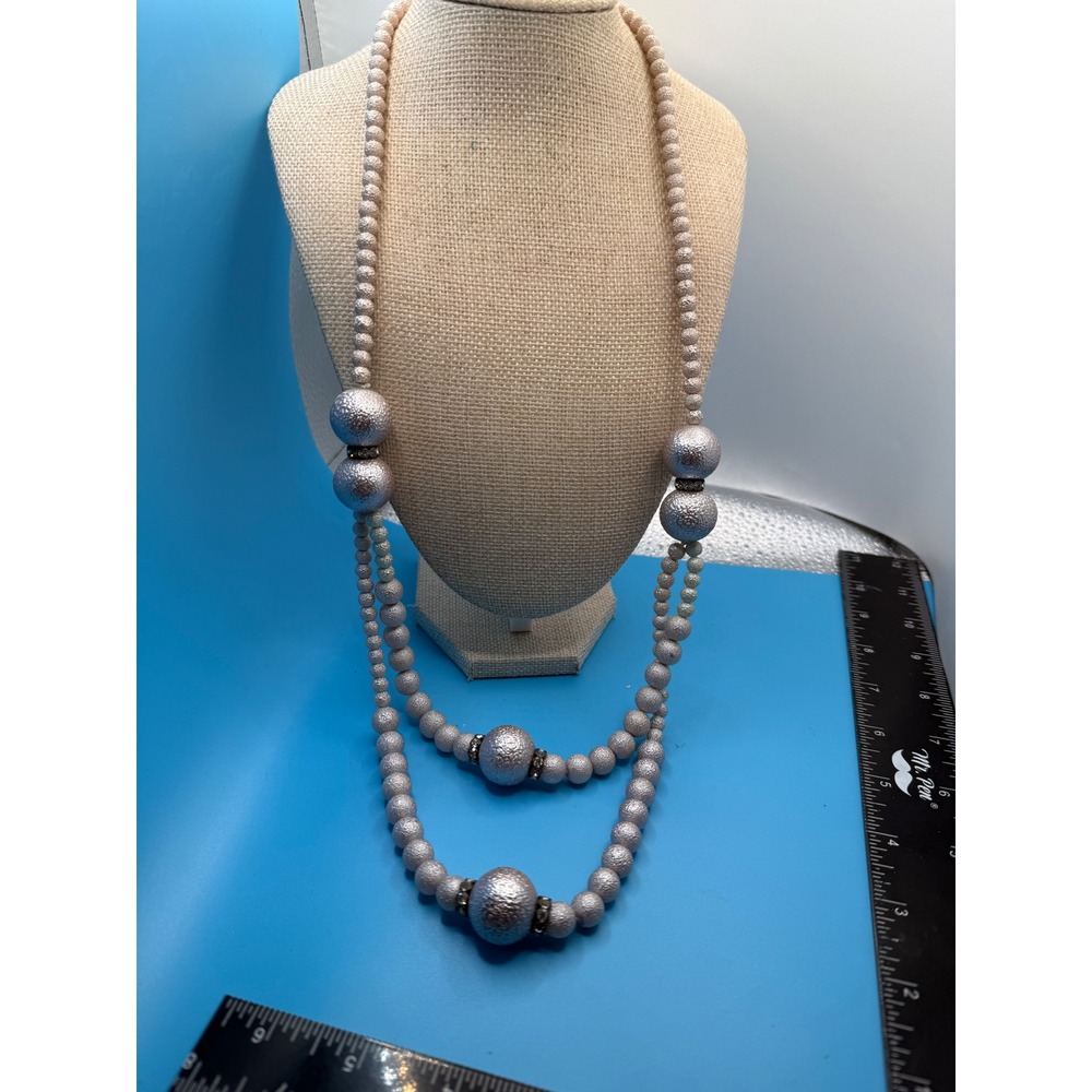 Vintage Textured Silver Metallic Double Strand Beaded Necklace Rhinestone Accent